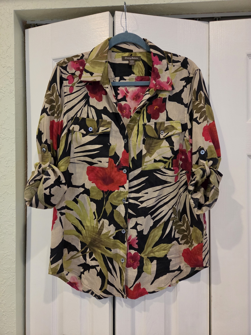 Tommy Bahama Beige Floral Button-Down Shirt with Red and Green Print